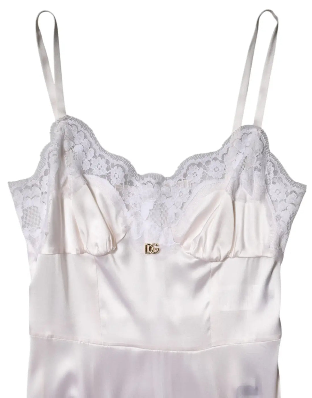 Dolce &amp; Gabbana White Lace Gold DG Logo Silk Dress Sleepwear