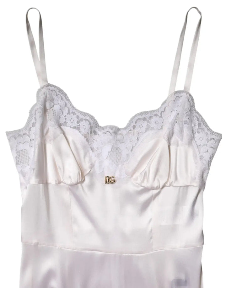 Dolce &amp; Gabbana White Lace Gold DG Logo Silk Dress Sleepwear