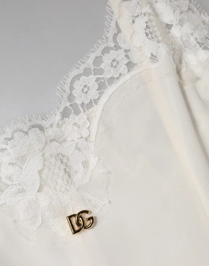 Dolce &amp; Gabbana White Lace Gold DG Logo Silk Dress Sleepwear
