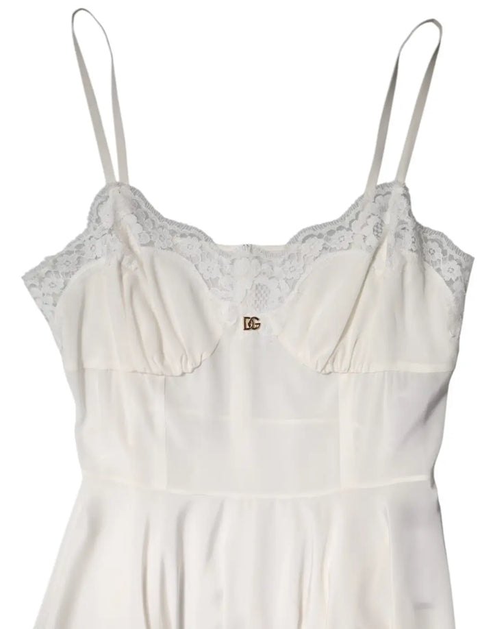 Dolce &amp; Gabbana White Lace Gold DG Logo Silk Dress Sleepwear