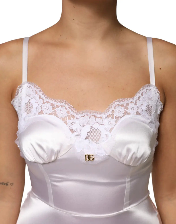 Dolce &amp; Gabbana White Lace Gold DG Logo Silk Dress Sleepwear