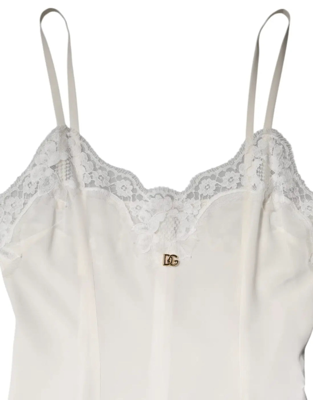 Dolce &amp; Gabbana White Lace Gold DG Logo Silk Dress Sleepwear