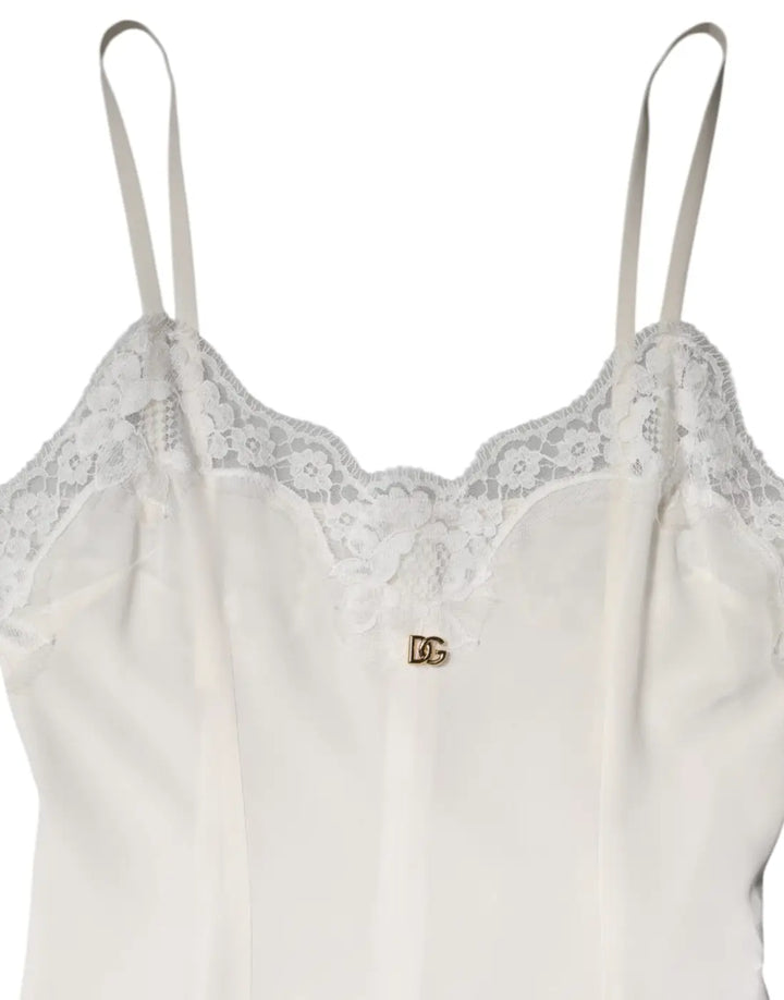 Dolce &amp; Gabbana White Lace Gold DG Logo Silk Dress Sleepwear