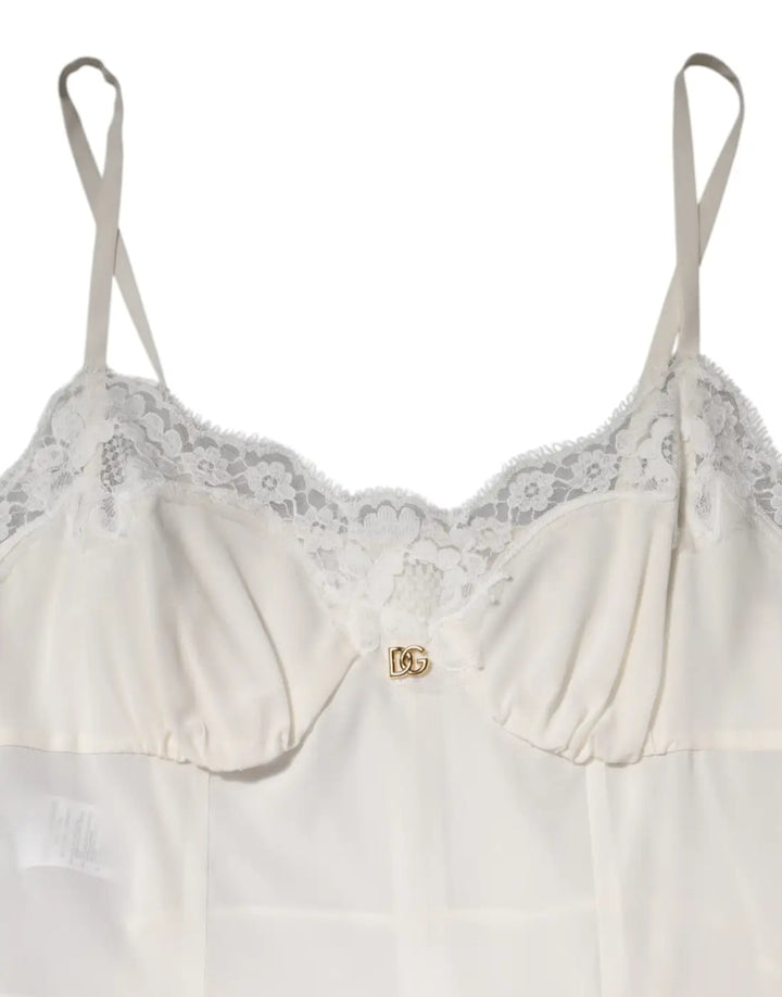 Dolce &amp; Gabbana White Lace Gold DG Logo Silk Dress Sleepwear