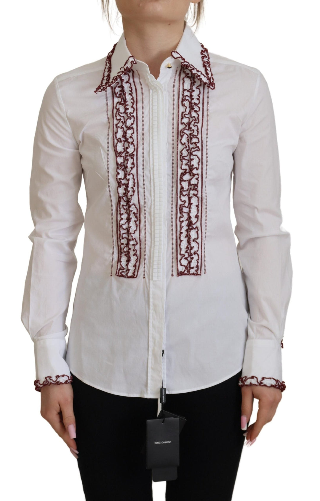 Dolce &amp; Gabbana - White Lace Long Sleeves Ruffle Collar Top