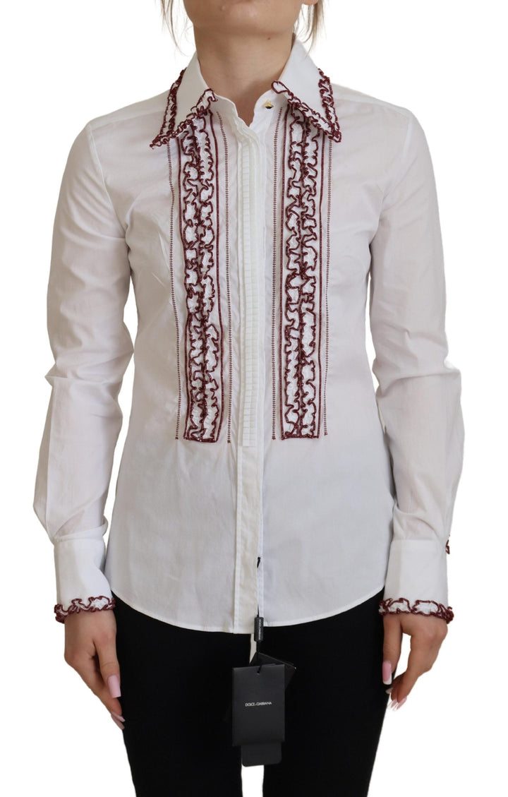 Dolce &amp; Gabbana - White Lace Long Sleeves Ruffle Collar Top
