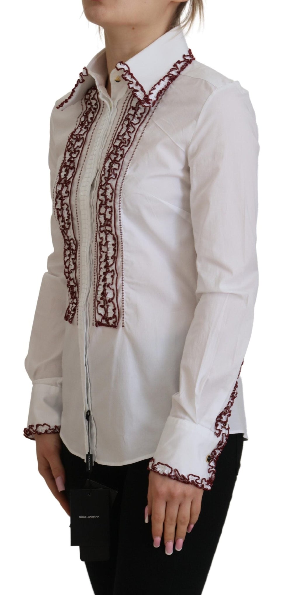 Dolce & Gabbana - White Lace Long Sleeves Ruffle Collar Top