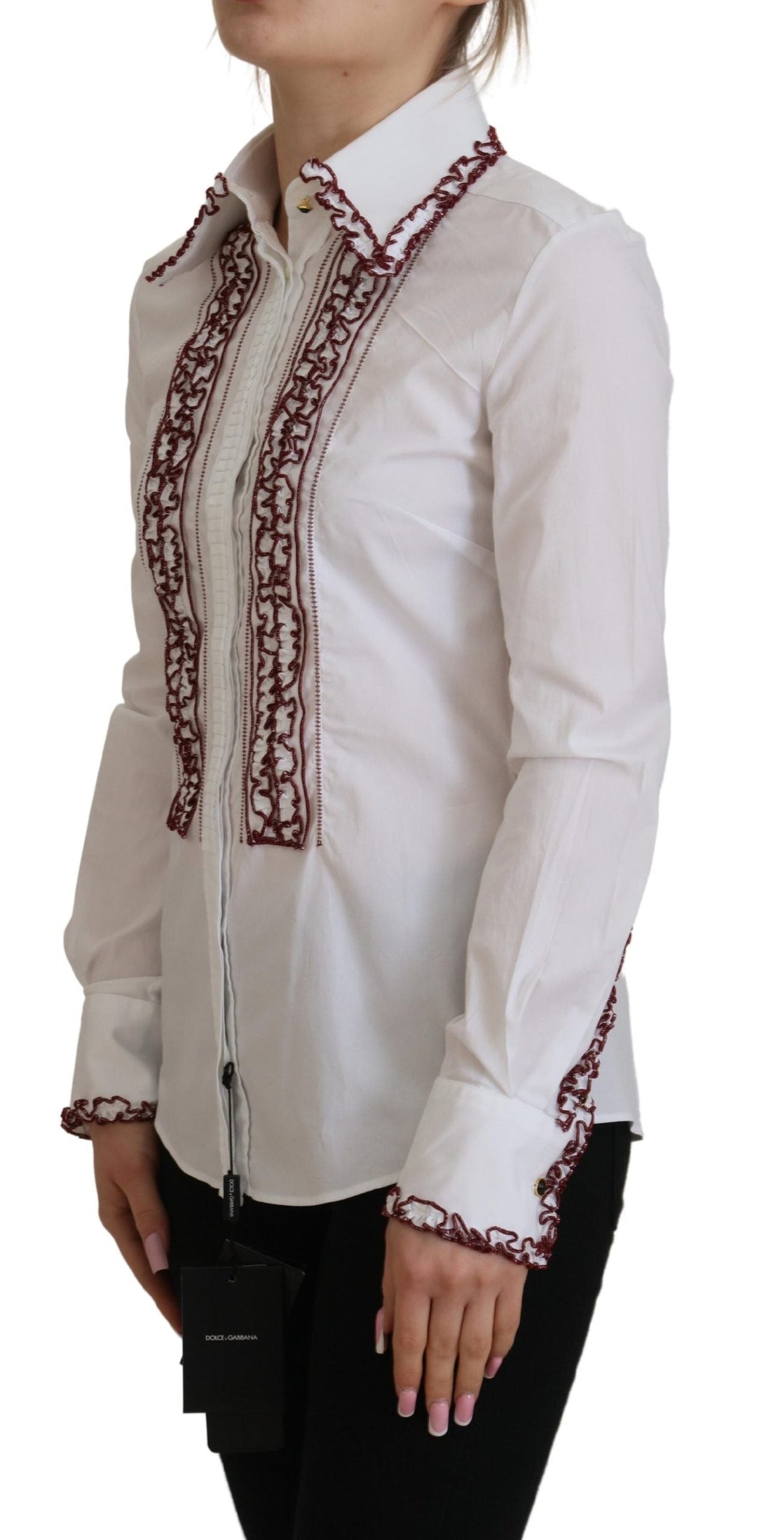 Dolce &amp; Gabbana - White Lace Long Sleeves Ruffle Collar Top