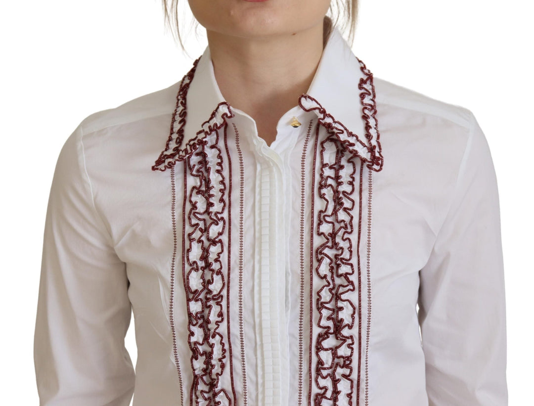 Dolce &amp; Gabbana - White Lace Long Sleeves Ruffle Collar Top