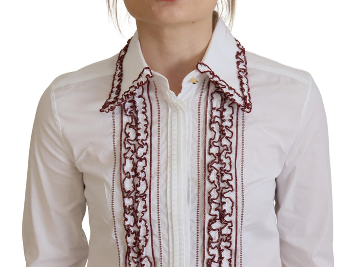 Dolce &amp; Gabbana - White Lace Long Sleeves Ruffle Collar Top