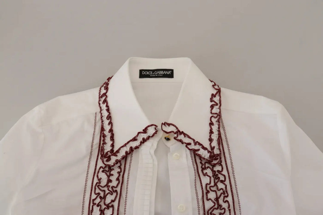 Dolce &amp; Gabbana White Lace Long Sleeves Ruffle Collar Top