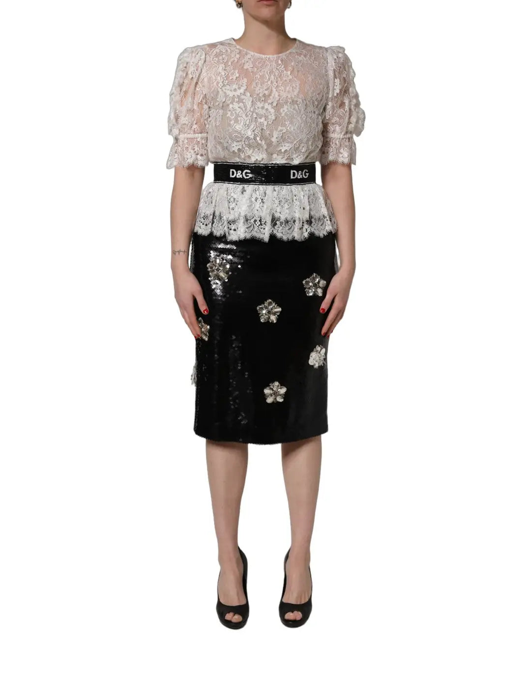 Dolce &amp; Gabbana White Lace Top Embellished Black Skirt Dress