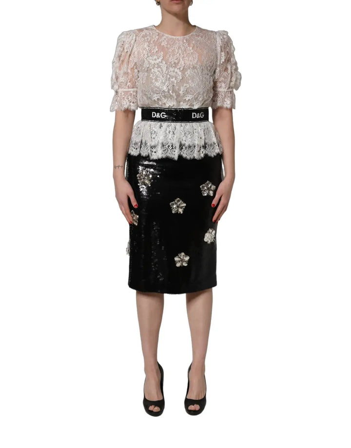 Dolce &amp; Gabbana White Lace Top Embellished Black Skirt Dress