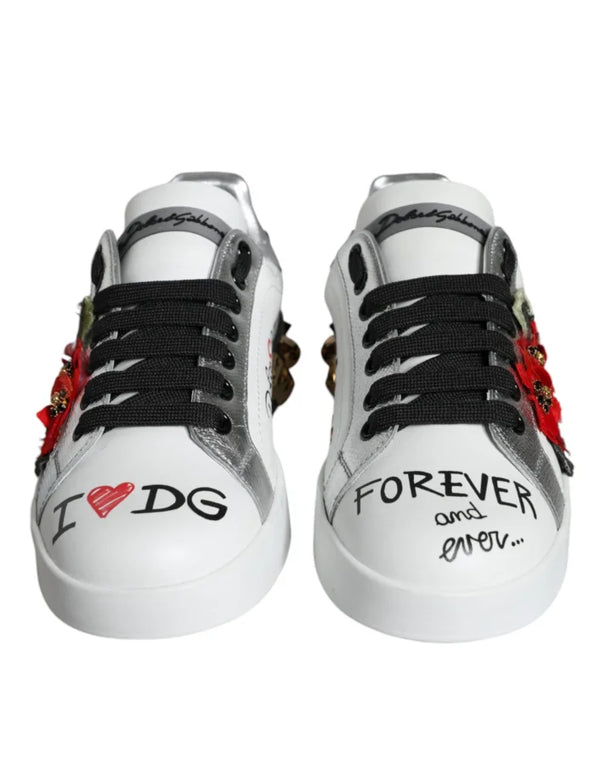 Dolce & Gabbana White Leather Floral Studded Sneakers Shoes