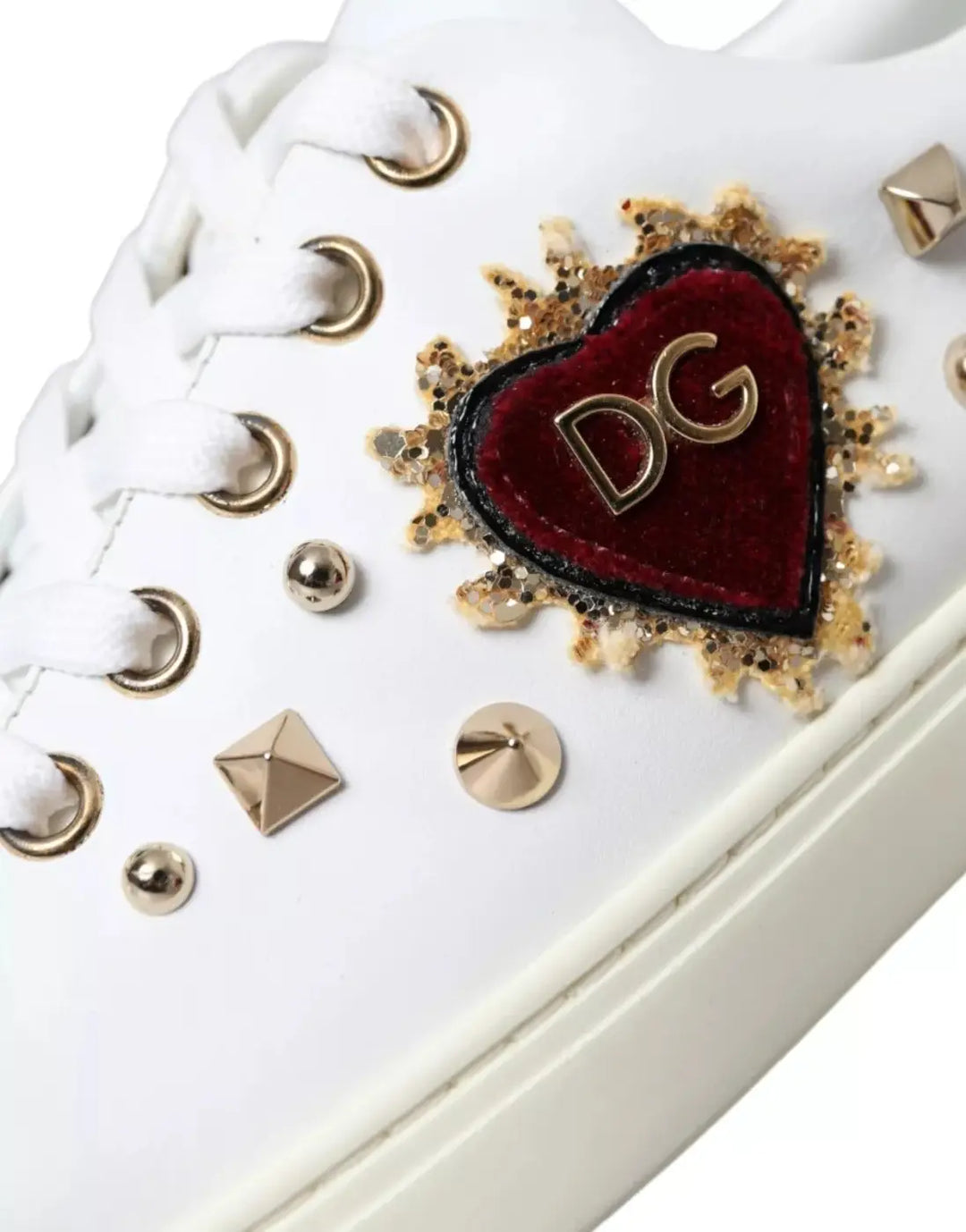 Dolce &amp; Gabbana White Leather Gold Red Heart Sneakers Shoes