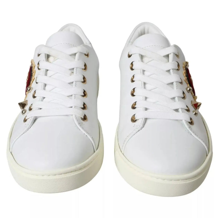 Dolce &amp; Gabbana White Leather Gold Red Heart Sneakers Shoes