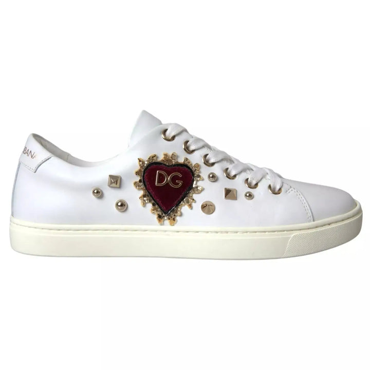 Dolce &amp; Gabbana White Leather Gold Red Heart Sneakers Shoes