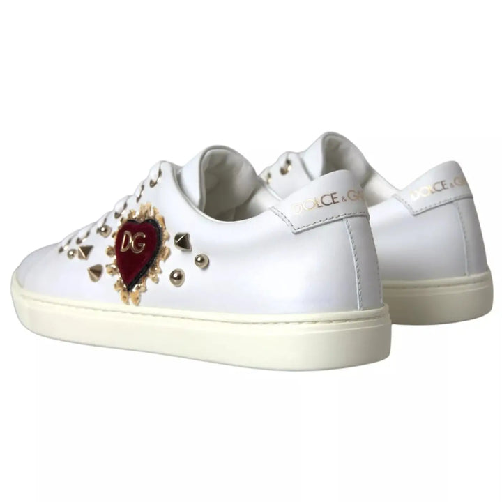 Dolce &amp; Gabbana White Leather Gold Red Heart Sneakers Shoes