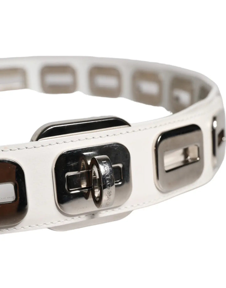 Dolce &amp; Gabbana White Leather Gold Tone Rotating Buckle Belt