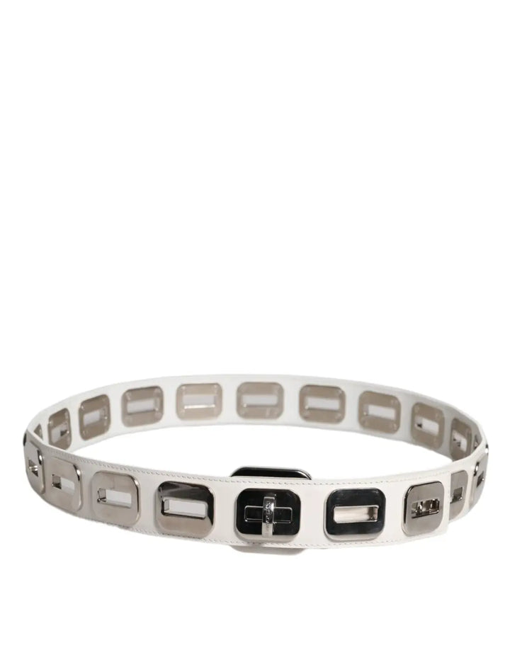 Dolce &amp; Gabbana White Leather Gold Tone Rotating Buckle Belt