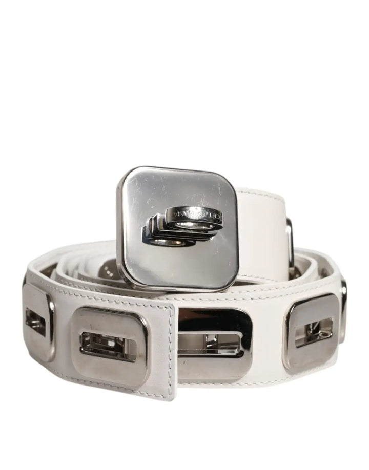 Dolce &amp; Gabbana White Leather Gold Tone Rotating Buckle Belt