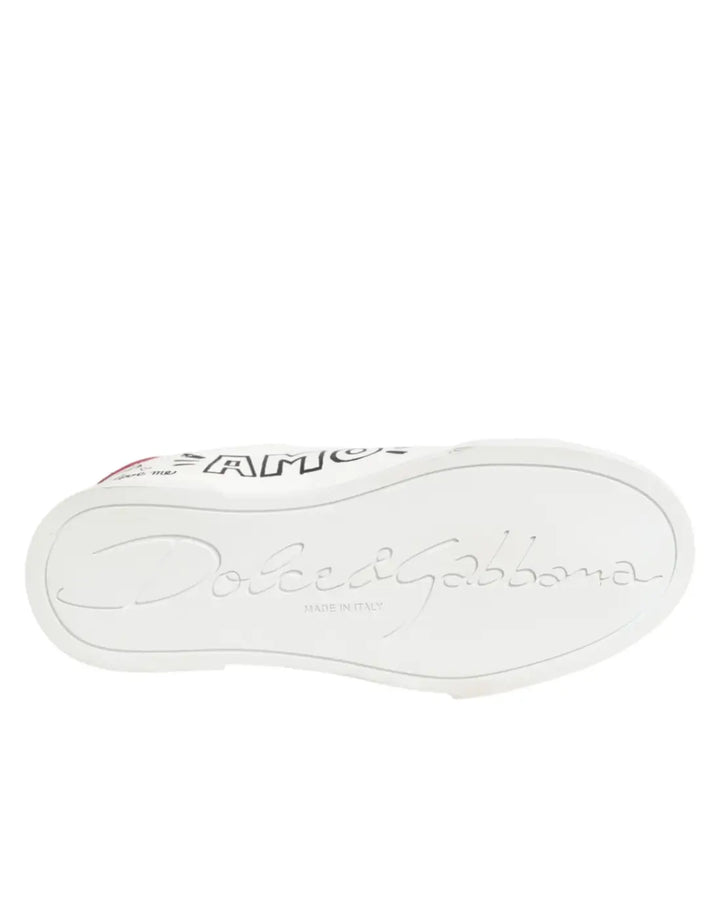 Dolce &amp; Gabbana White Leather Graffiti Low Top Sneakers Shoes
