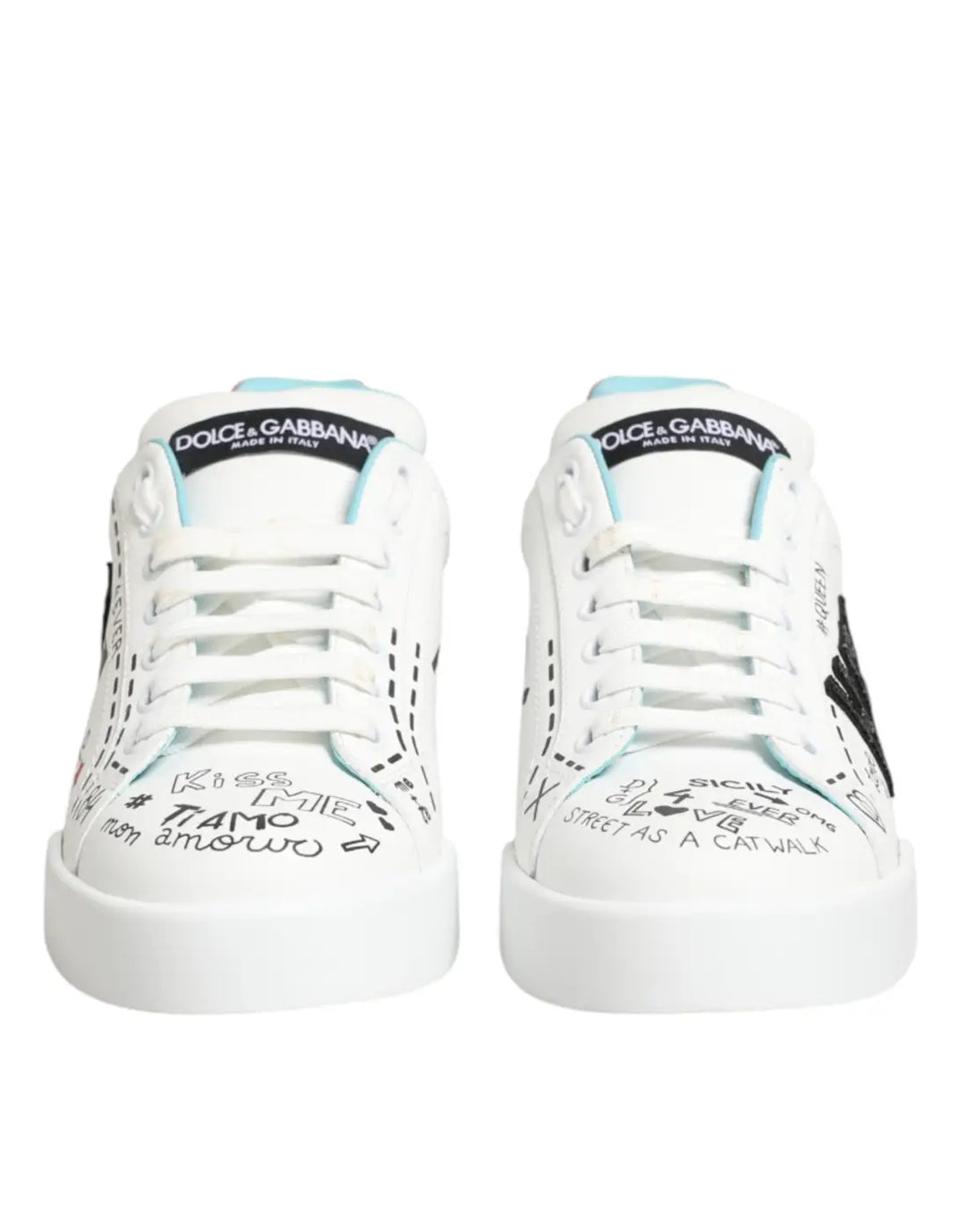 Dolce &amp; Gabbana White Leather Graffiti Low Top Sneakers Shoes