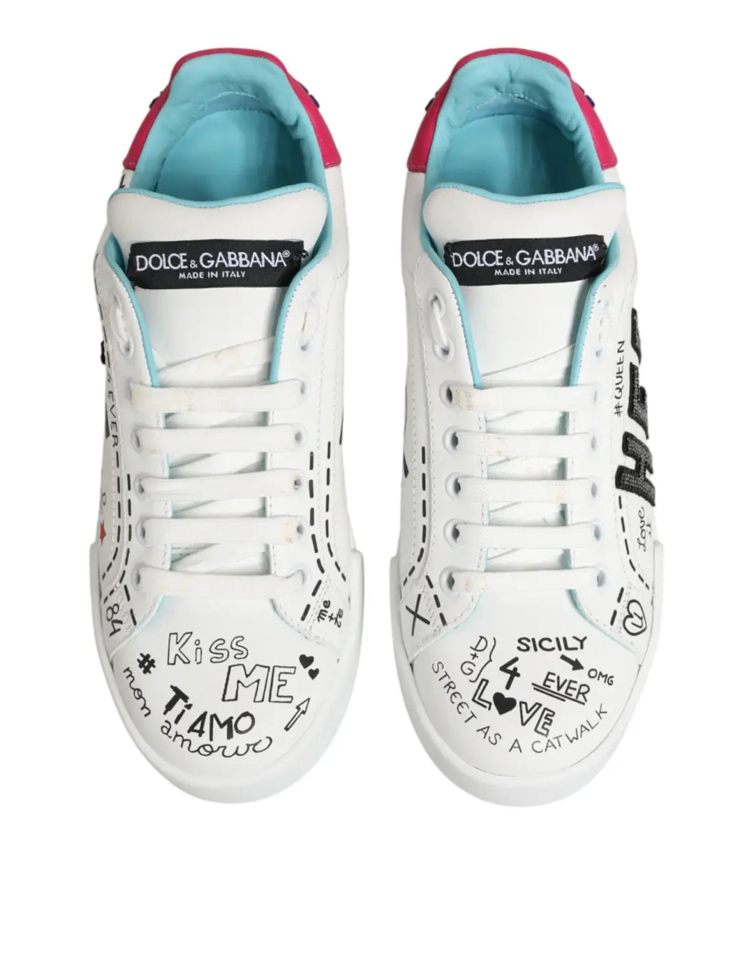Dolce &amp; Gabbana White Leather Graffiti Low Top Sneakers Shoes