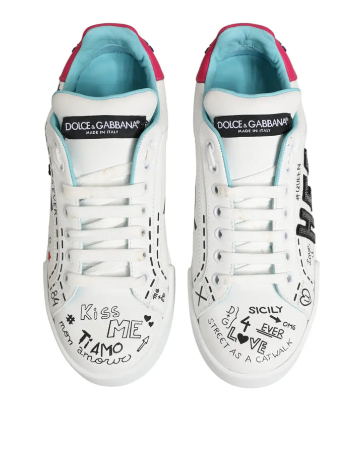 Dolce &amp; Gabbana White Leather Graffiti Low Top Sneakers Shoes
