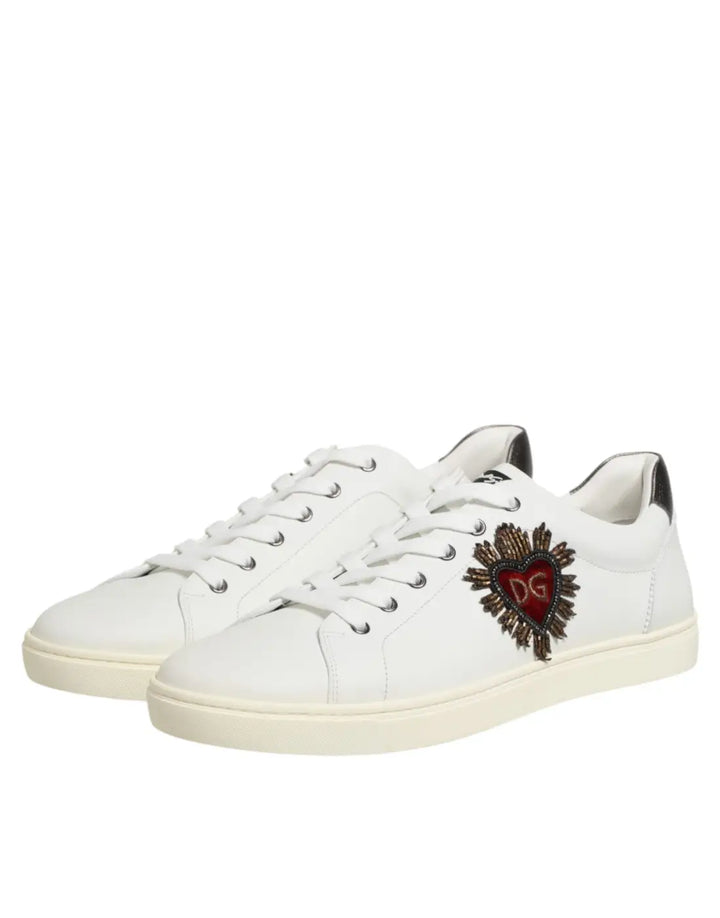 Dolce &amp; Gabbana White Leather Heart Embellished Sneakers Shoes