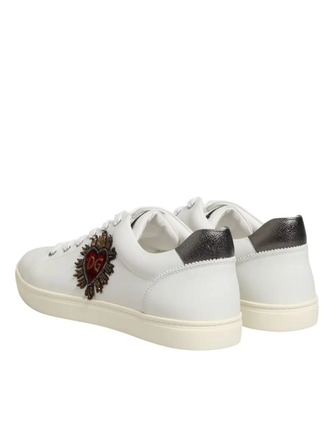 Dolce &amp; Gabbana White Leather Heart Embellished Sneakers Shoes