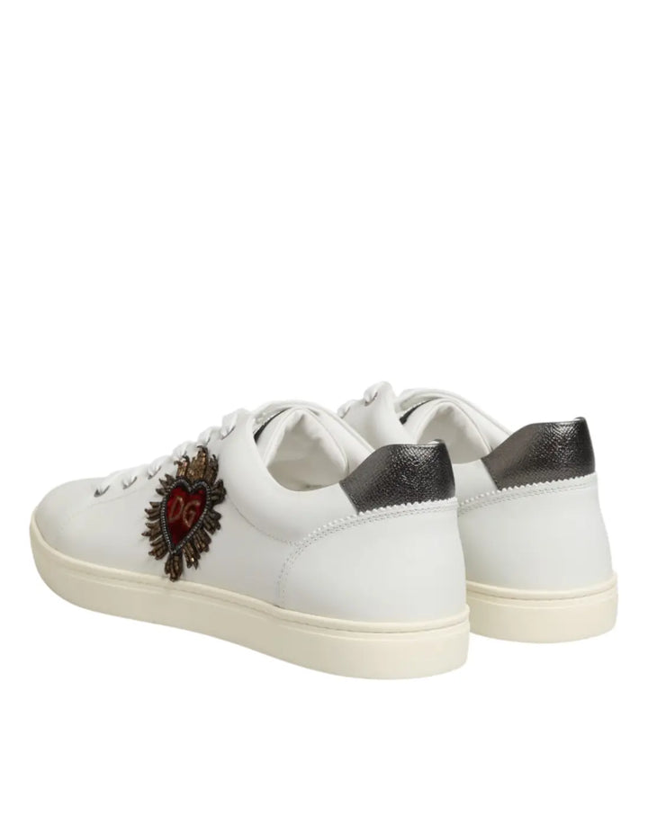 Dolce &amp; Gabbana White Leather Heart Embellished Sneakers Shoes