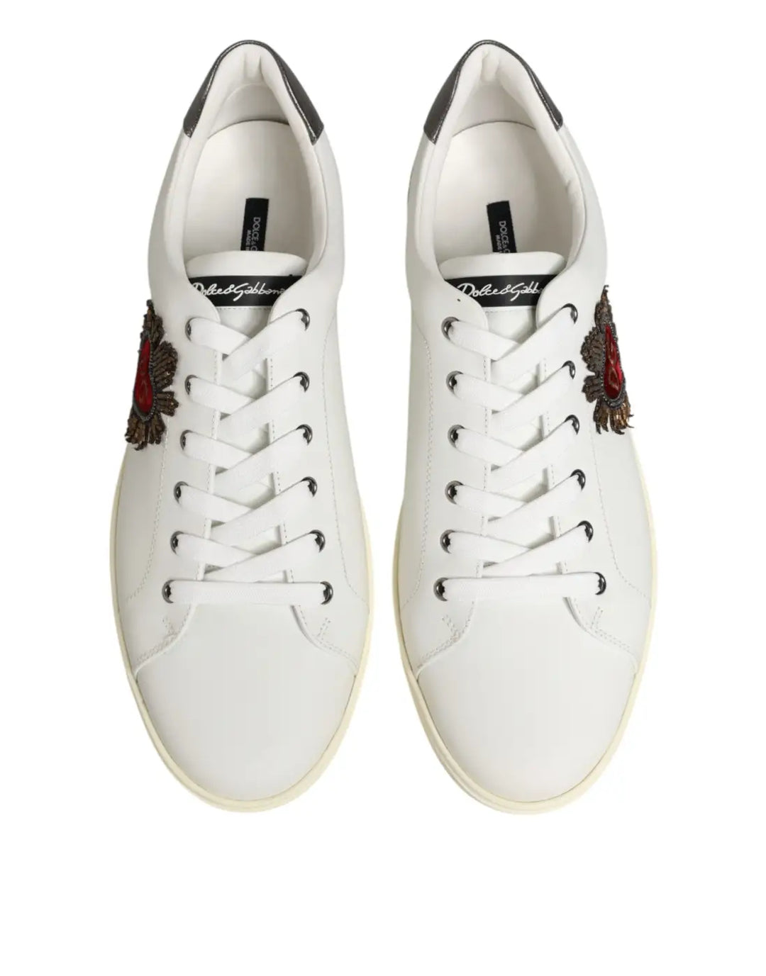 Dolce &amp; Gabbana White Leather Heart Embellished Sneakers Shoes