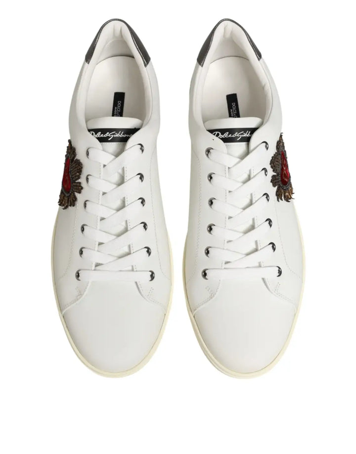 Dolce &amp; Gabbana White Leather Heart Embellished Sneakers Shoes