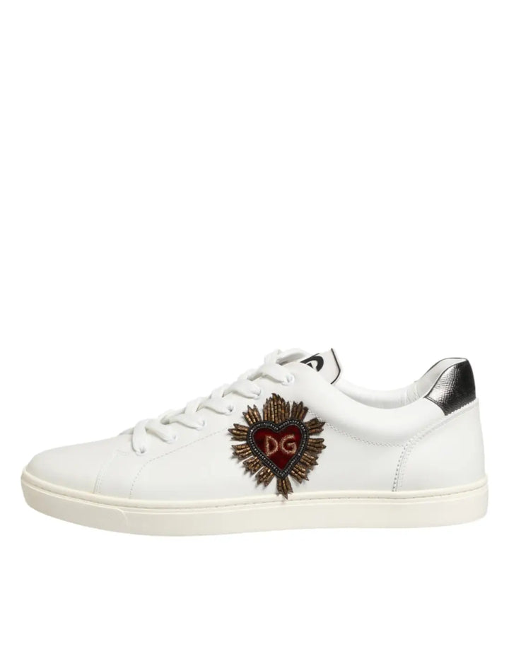 Dolce &amp; Gabbana White Leather Heart Embellished Sneakers Shoes