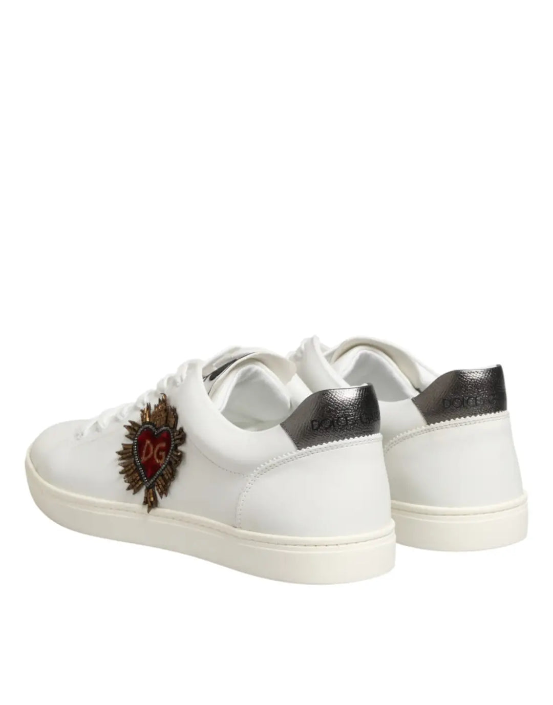 Dolce &amp; Gabbana White Leather Heart Embellished Sneakers Shoes