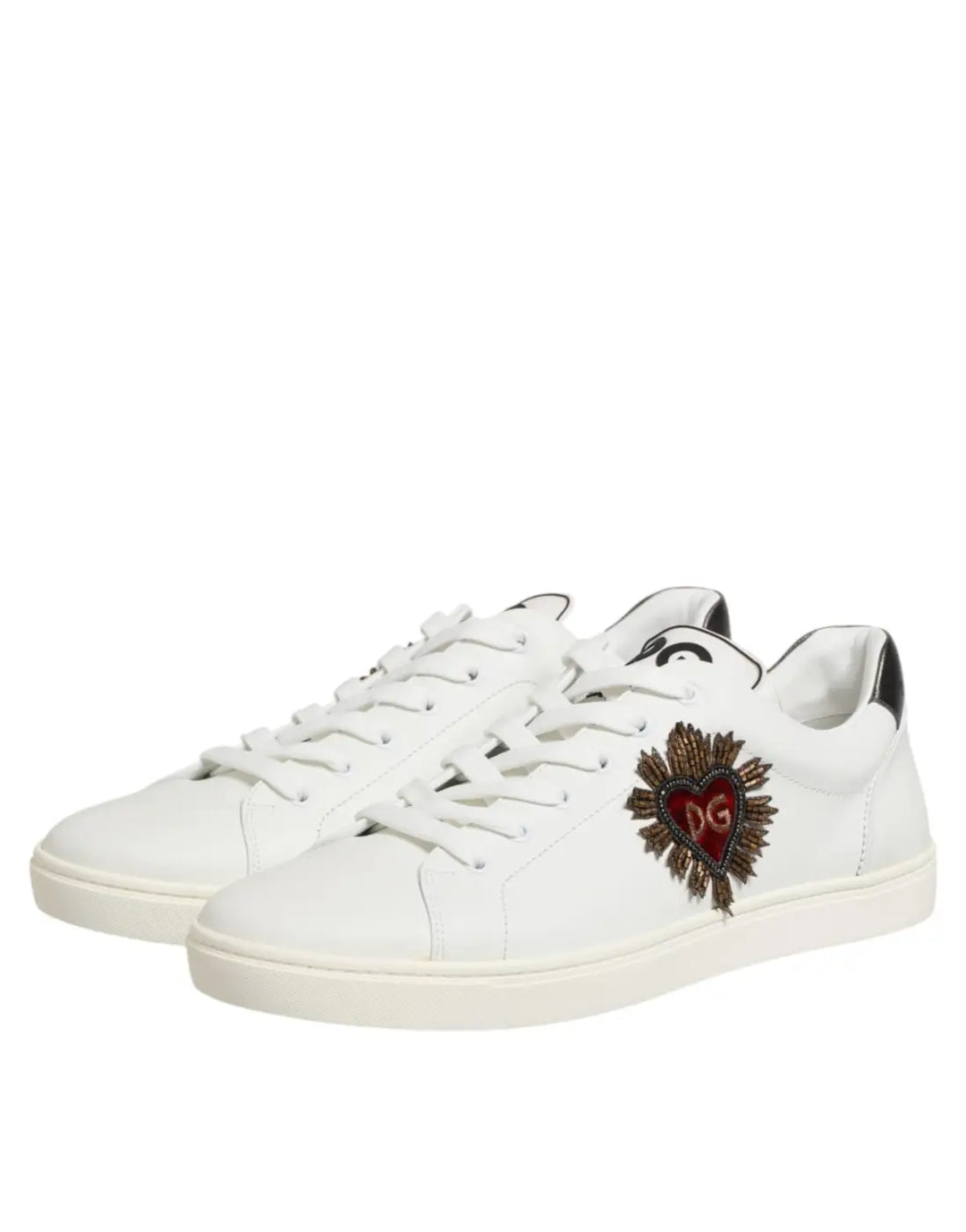 Dolce &amp; Gabbana White Leather Heart Embellished Sneakers Shoes
