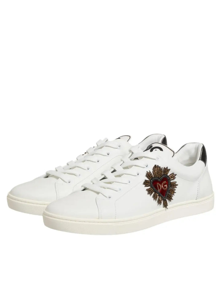 Dolce &amp; Gabbana White Leather Heart Embellished Sneakers Shoes