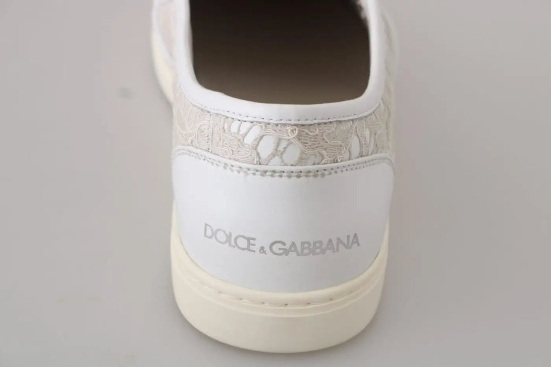 Dolce &amp; Gabbana White Leather Lace Slip On Loafers Shoes