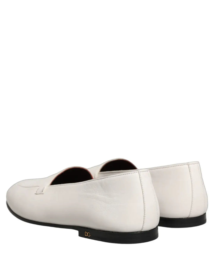 Dolce &amp; Gabbana White Leather Logo Slip On Men Loafers Shoes