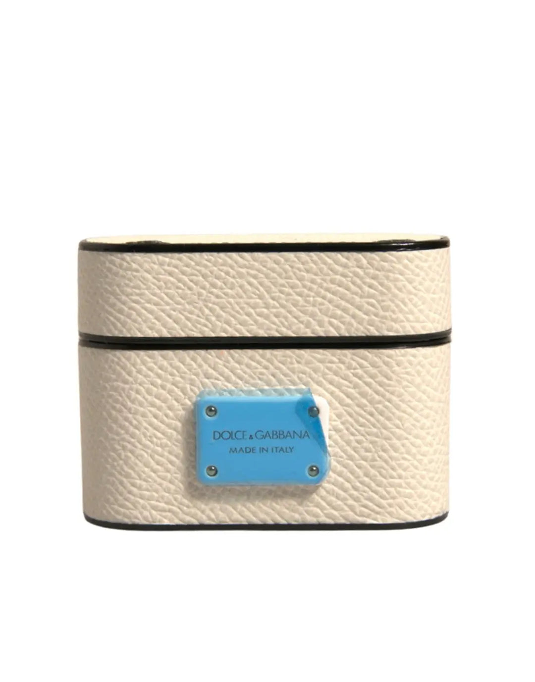 Dolce &amp; Gabbana White Leather Metal Logo Plaque Holder Airpods Case