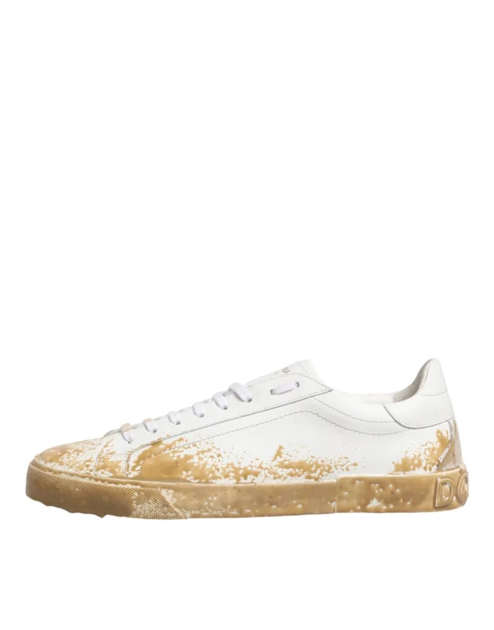 Dolce &amp; Gabbana White Leather Paint Effect Low Top Sneakers Shoes