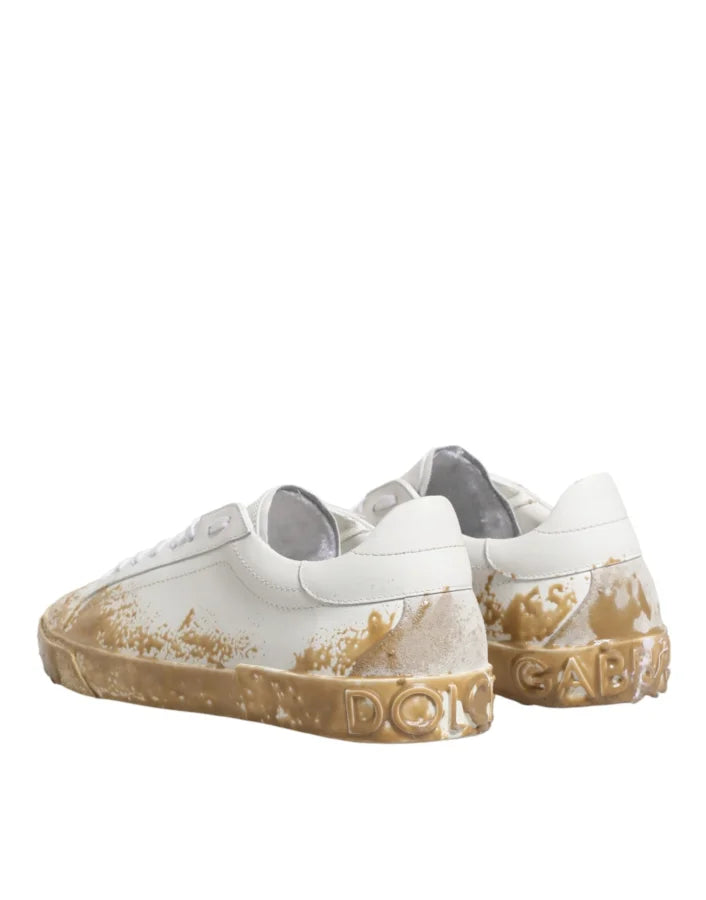 Dolce &amp; Gabbana White Leather Paint Effect Low Top Sneakers Shoes