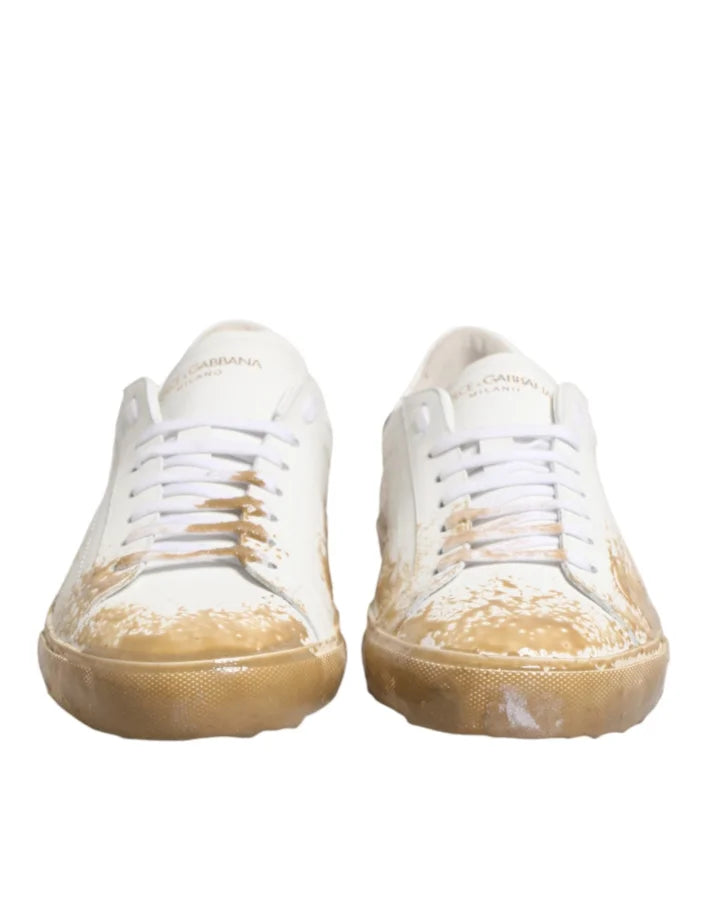 Dolce &amp; Gabbana White Leather Paint Effect Low Top Sneakers Shoes