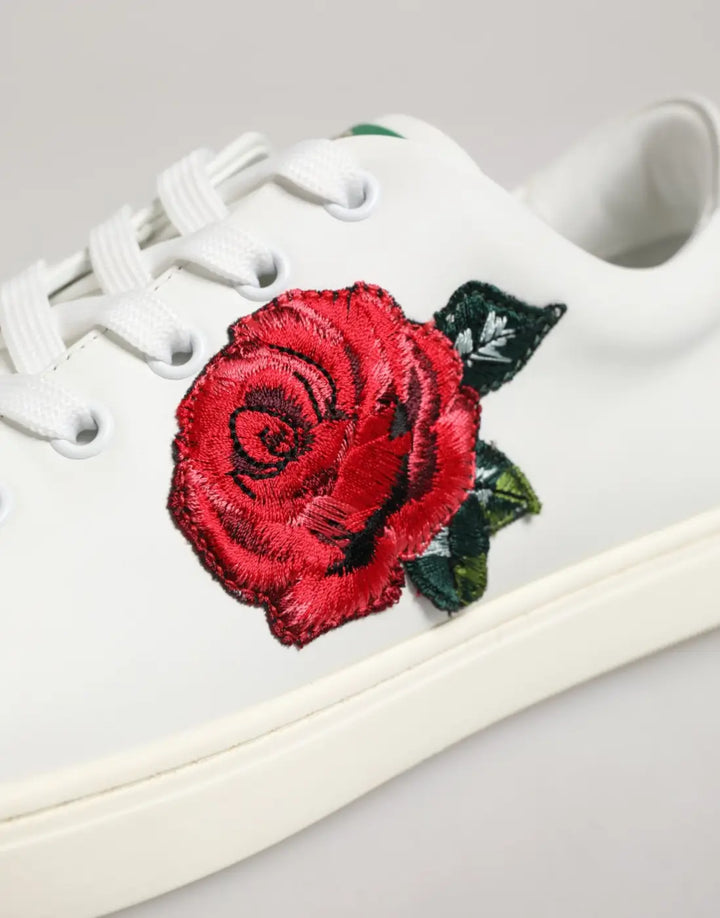 Dolce &amp; Gabbana White Leather Rose Embroidery Low-top Shoes