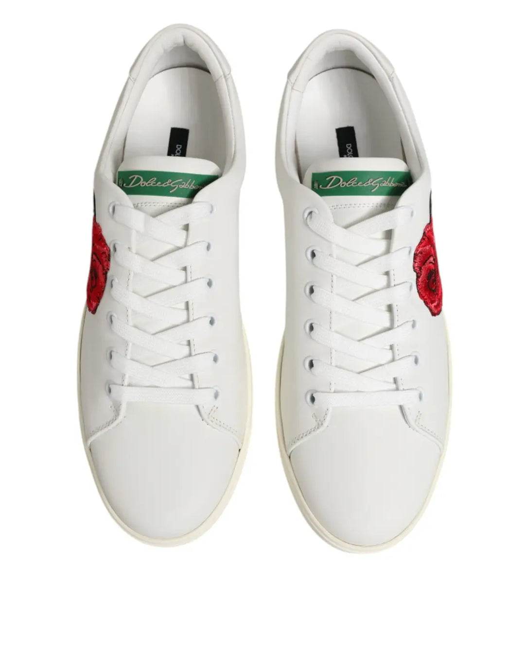 Dolce &amp; Gabbana White Leather Rose Embroidery Low-Top Shoes