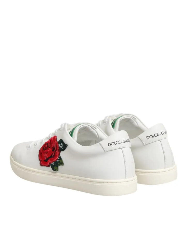 Dolce &amp; Gabbana White Leather Rose Embroidery Low-Top Shoes