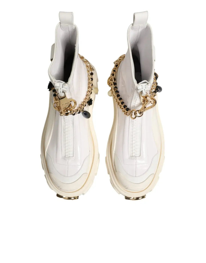 Dolce &amp; Gabbana White Leather Rubber Logo Ankle Boots Shoes