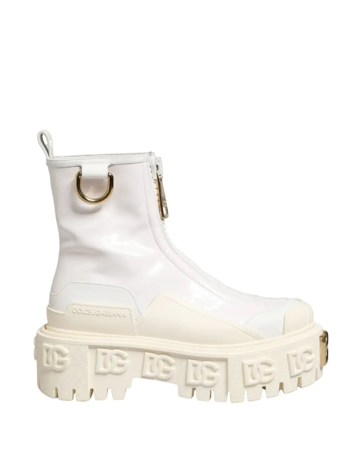 Dolce &amp; Gabbana White Leather Rubber Logo Ankle Boots Shoes
