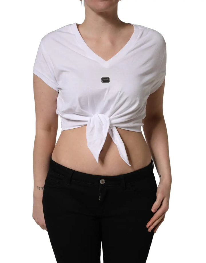 Dolce &amp; Gabbana White Logo Embroidered TieWaist Cropped Top